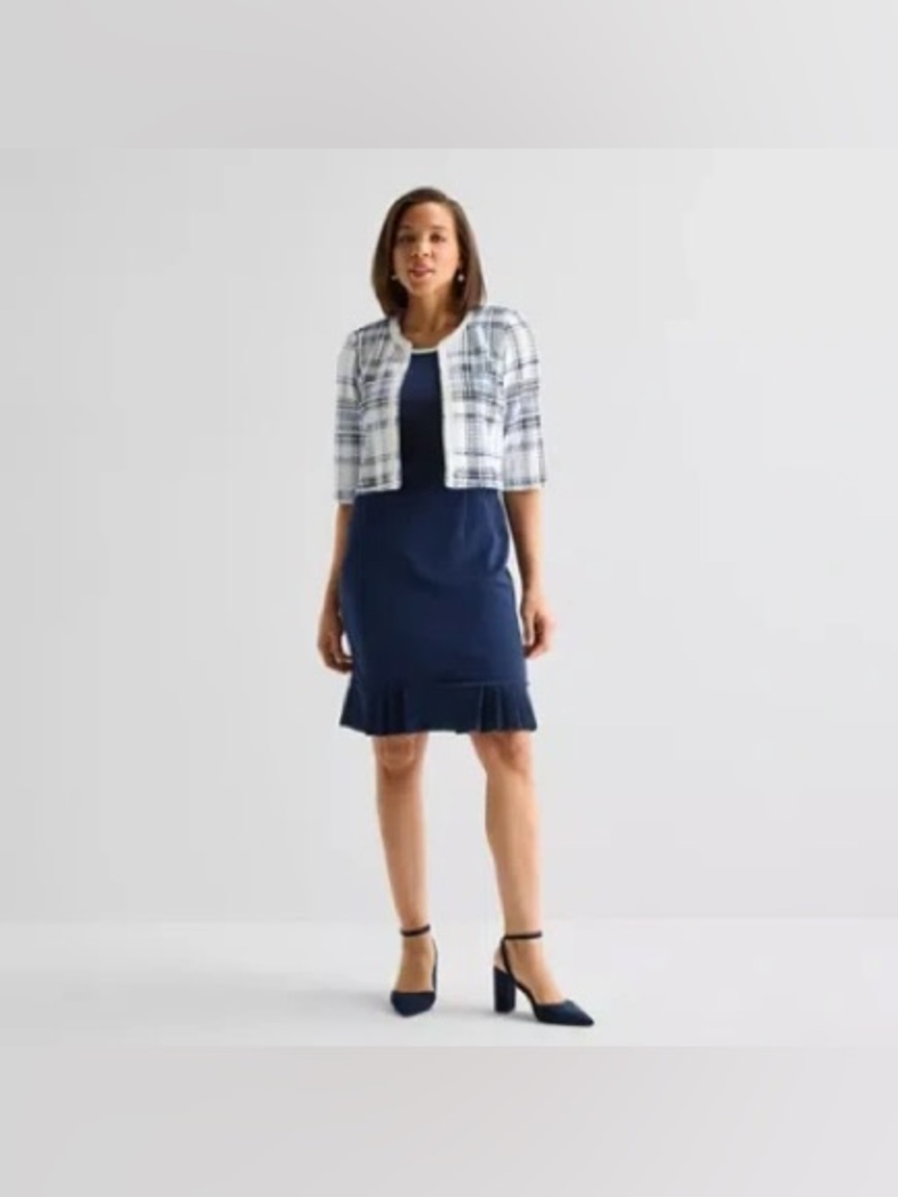 Maya Brooke Navy Midi Dress with Pleated Hem and White Plaid Cropped Jacket